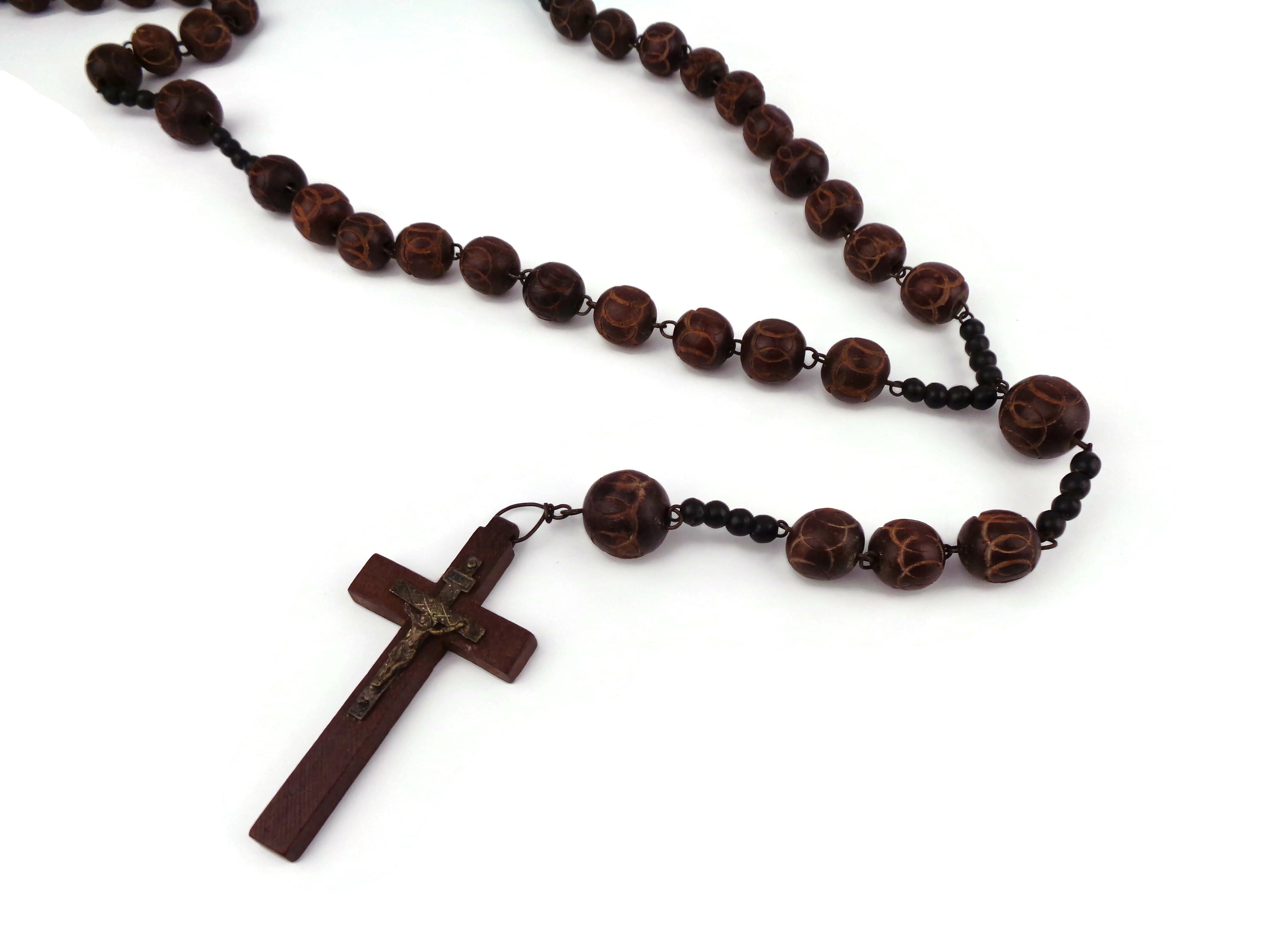 Old Monastic Rosary, Large French Rosary, Carved Wood Beads and