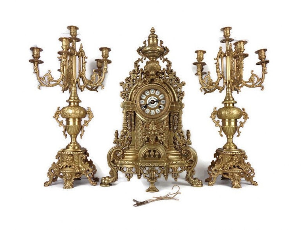 Antique Brass Mantel Clock With Candle Holders Set, Art Nouveau Mantel
