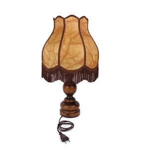 May include: A wooden table lamp with a brown and beige patterned lampshade. The lampshade has a fringe trim and the base is a dark wood.