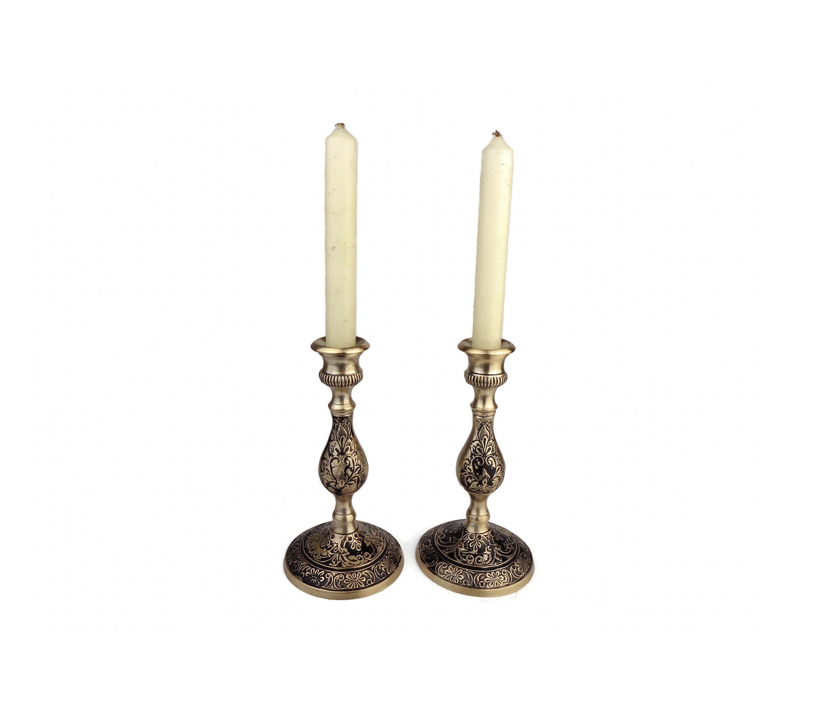 Antique Brass Candle Holder Set, Vintage Brass Candlestick Set