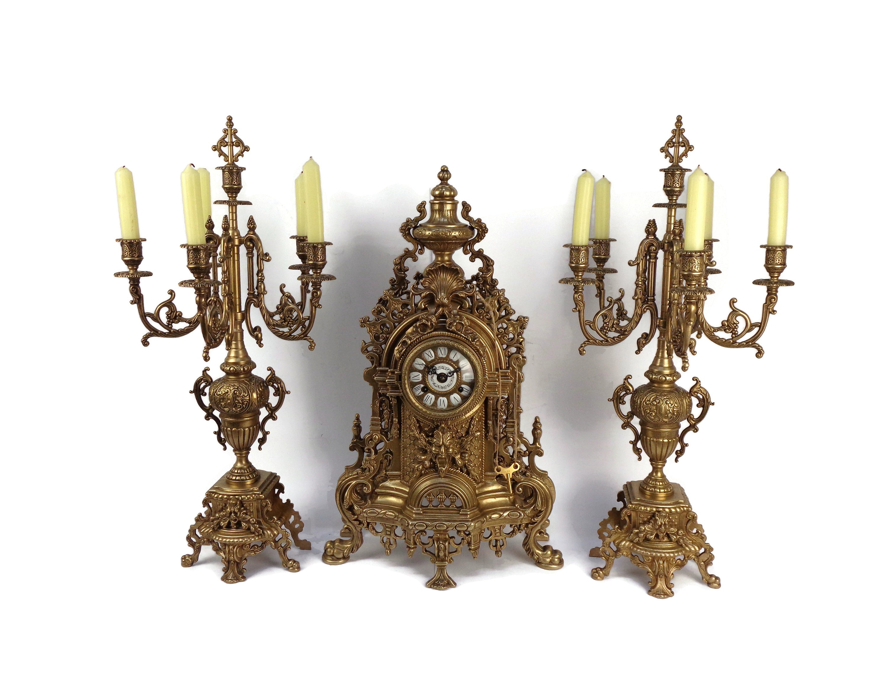 Antique Brass Mantel Clock With Candle Holders Set, Art Nouveau