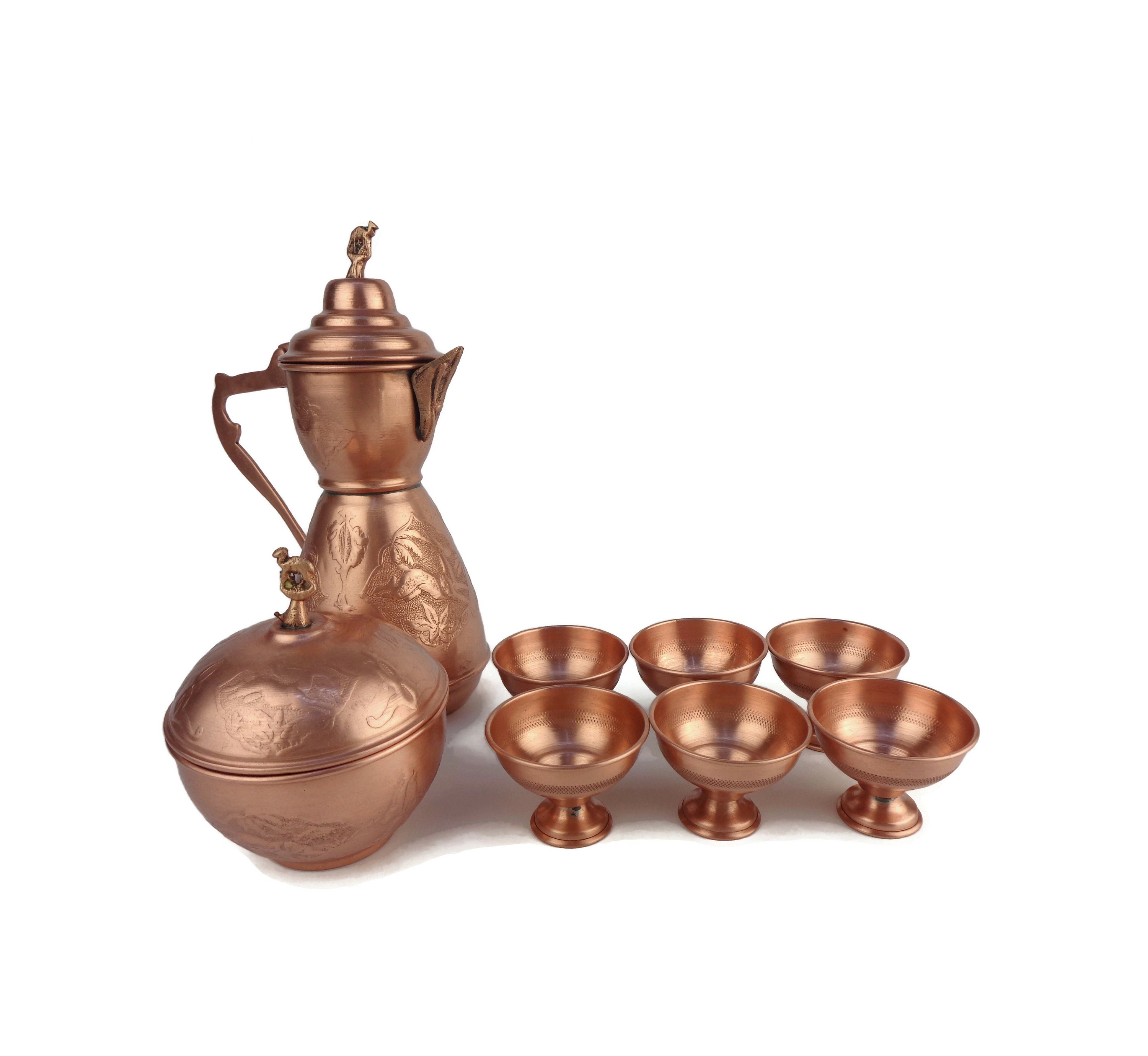 アンティーク装飾銅製コーヒーセット、銅製コーヒーポット、銅製トレイ