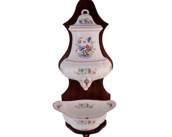 French Wall Lavabo, Hand Painted Ceramic Basin Sink With Wooden Wall Stand, Fountain Lavabo France, French Castle Lavabo