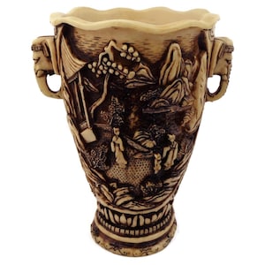 Antique Indian Resin Vase with Elephant Handles, Handmade Flower Pot, Engraved Ornate, Marked RB, Rare Middle Eastern Decor