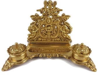 Antique Brass Double Inkwell, French Brass Double Inkwell, Engraved Brass Inkwell With Letter Holder