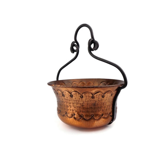 アンティーク銅プランター、鉄製ハンドル付き、吊り下げ式銅植木鉢