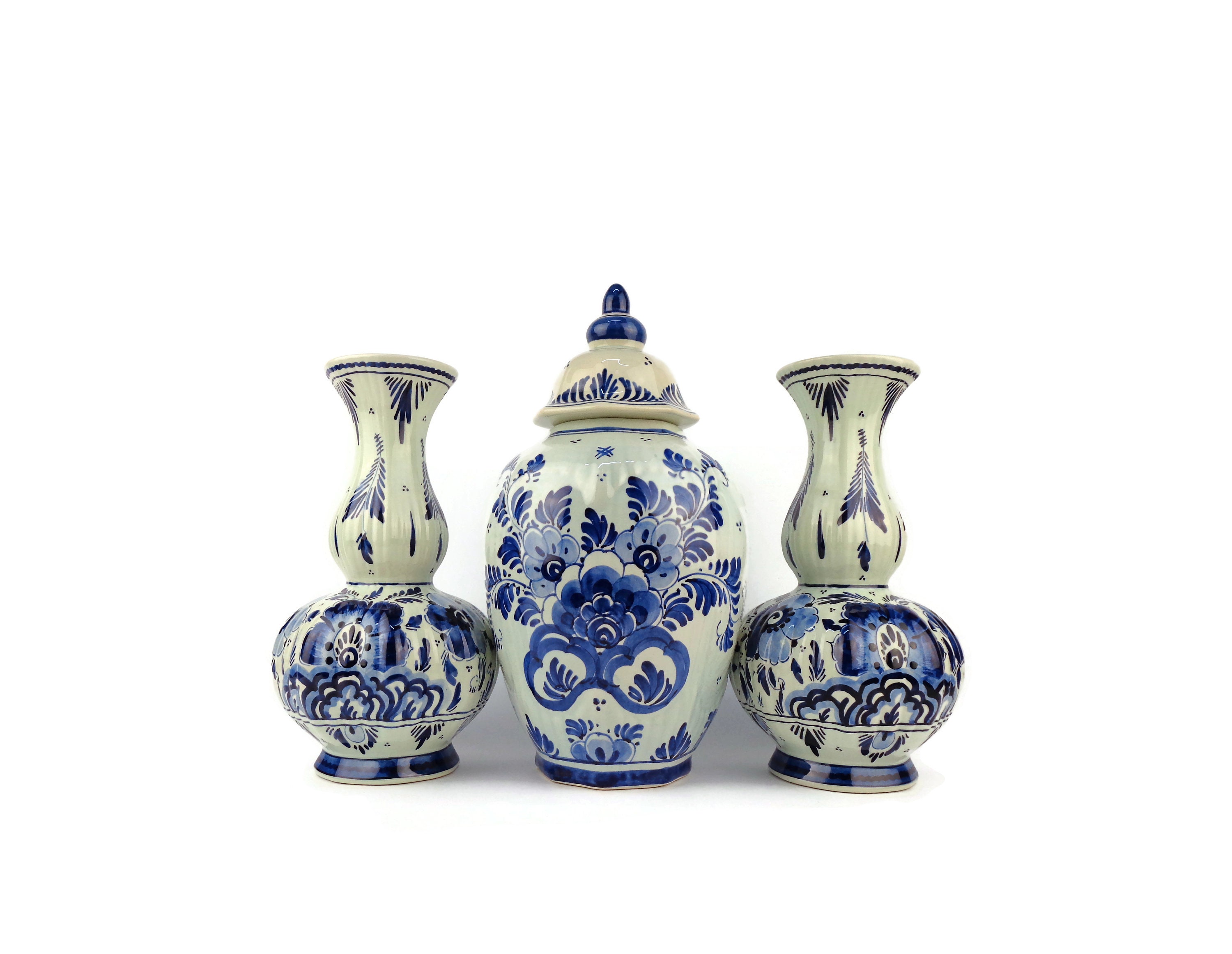 ヴィンテージデルフト陶器壷と花瓶セット、手描きデルフト瓶、デルフト