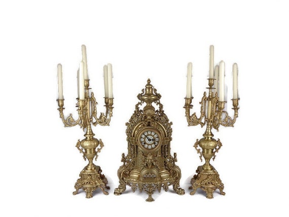 Set of 2 Refurbished Brass Plate Like Decorations for a Mantel Clock 