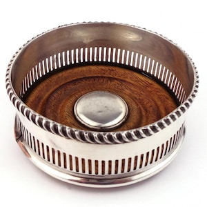Vintage Silver-Plated Bottle Coaster, English Coaster With Pierced Gallery And Wooden Base, Made In England, Marked S