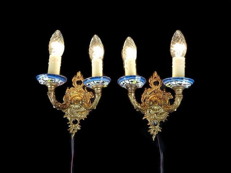 Antique Brass Sconces, Brass Sconces With Ceramic Decoration, Pair Brass Wall Lamps