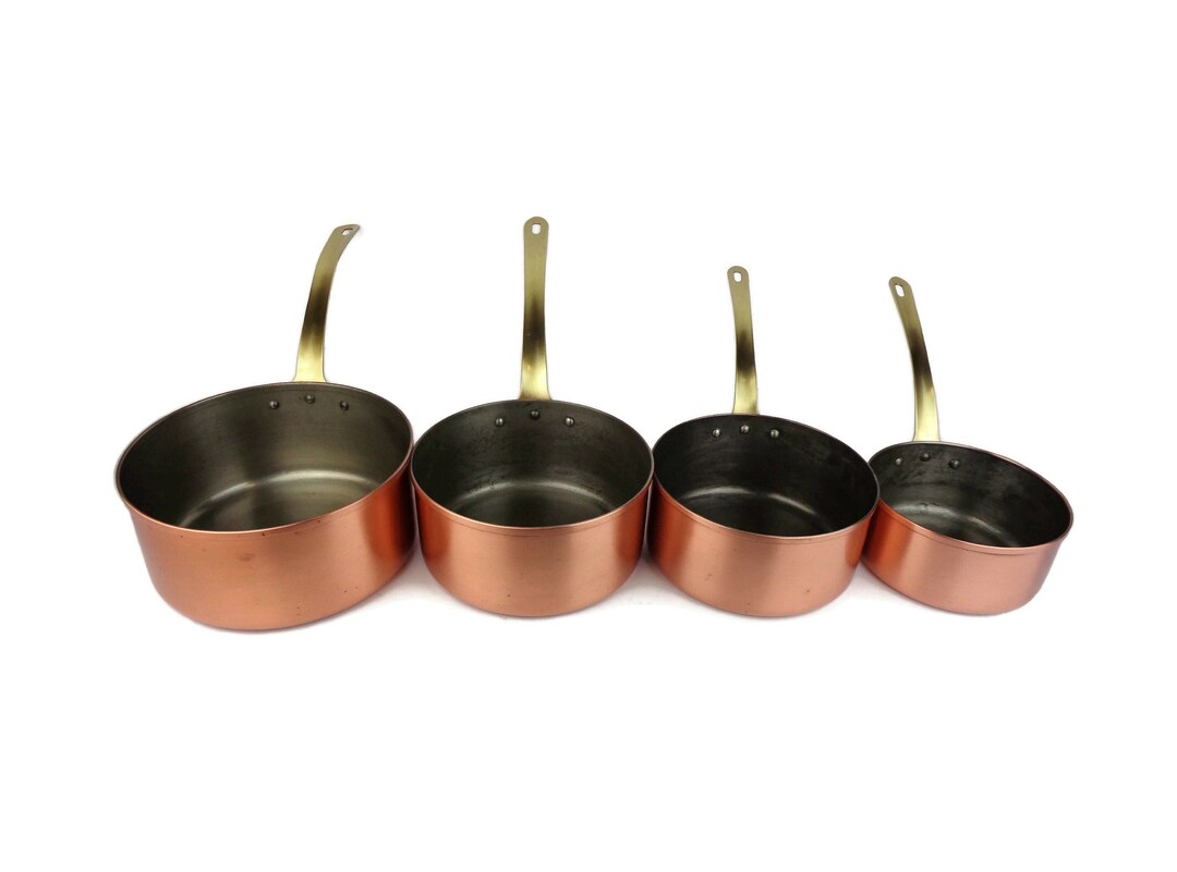 Vintage Copper Saucepan Set With Brass Handles, Copper Cooking Set