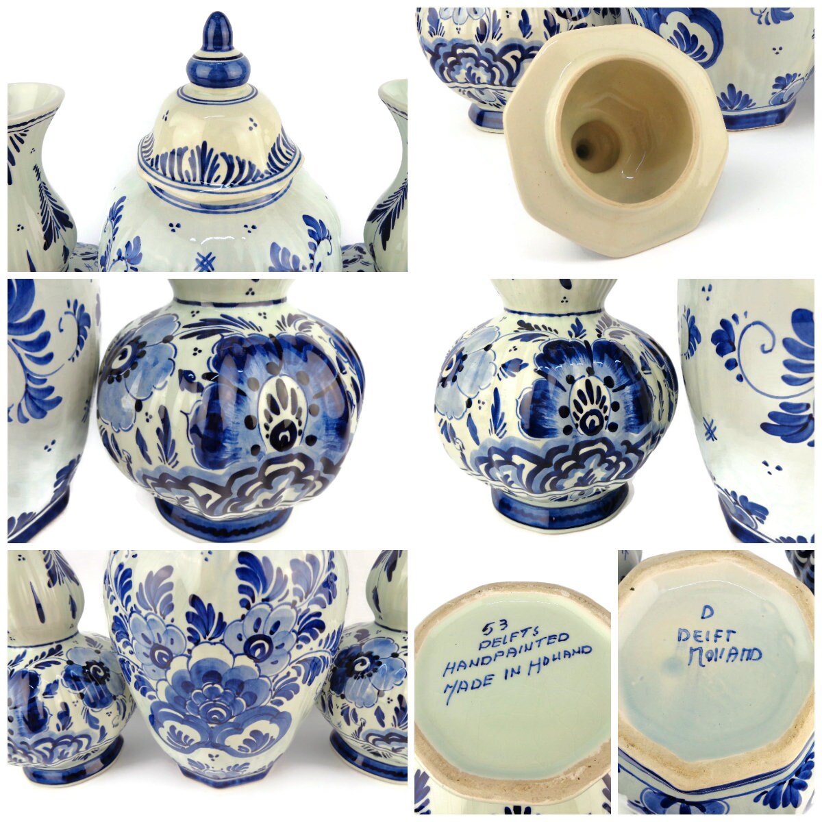 ヴィンテージデルフト陶器壷と花瓶セット、手描きデルフト瓶、デルフト