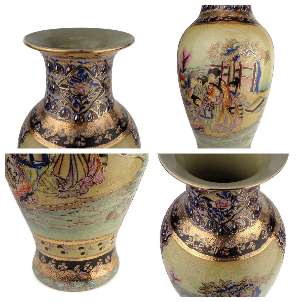 アンティーク薩摩陶器花瓶、手描き薩摩陶器花瓶、大きな中国陶器花瓶