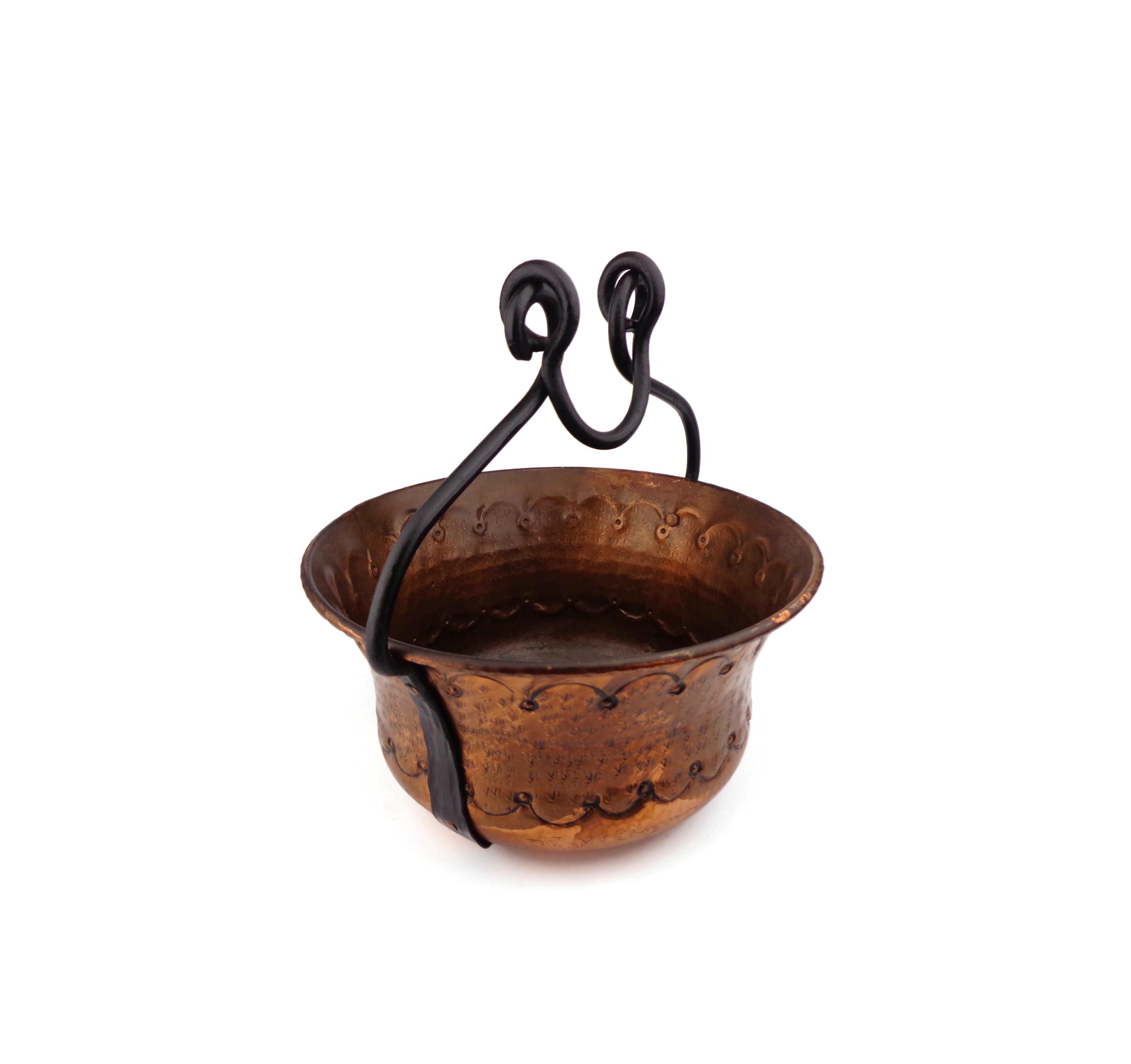 アンティーク銅プランター、鉄製ハンドル付き、吊り下げ式銅植木鉢