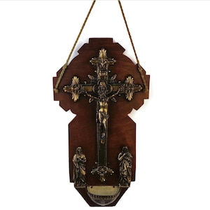 Antique Jesus Crucifix Cross With Holy Water Font,  Jesus Crucifix With Wooden Cross, Holy Water Font With Jesus Cross Crucifix