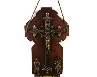 Antique Jesus Crucifix Cross With Holy Water Font,  Jesus Crucifix With Wooden Cross, Holy Water Font With Jesus Cross Crucifix