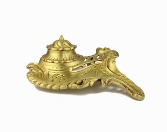 アンティーク真鍮インク壺、彫刻入り真鍮インク壺、フランス製真鍮