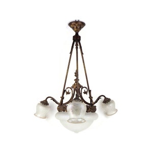 Antique Chandelier, Vintage Large Chandelier With White Glass Shades
