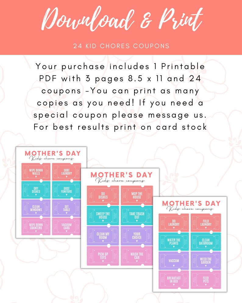 Kids Chore Coupons for Mom Mother's Day Printable. Easy Etsy