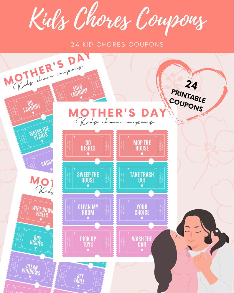Kids Chore Coupons for Mom Mother's Day Printable. Easy Etsy
