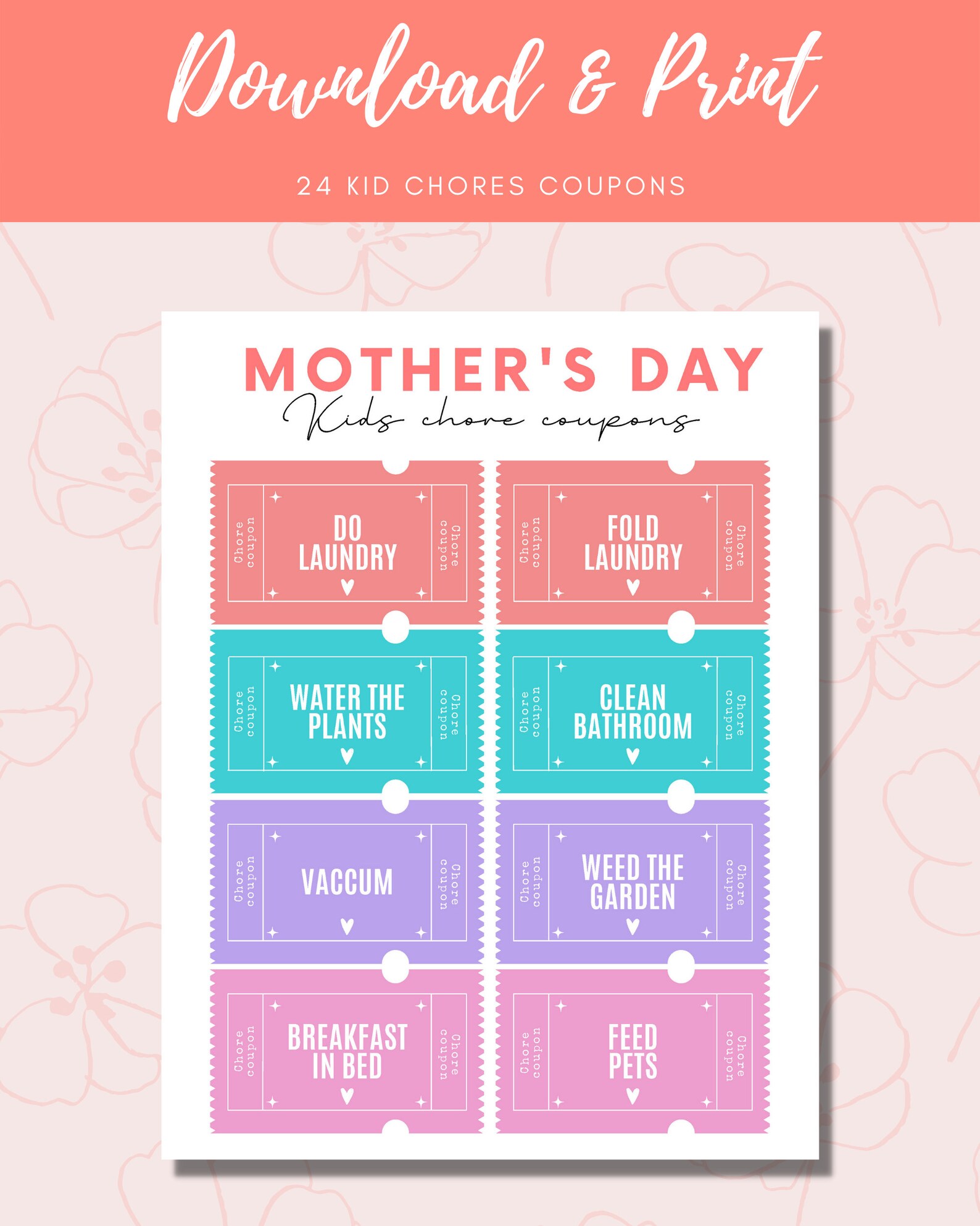 Kids Chore Coupons for Mom Mother's Day Printable. Easy Etsy