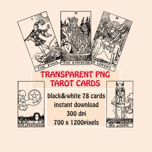 Cartas del Tarot PNG imprimibles/Fondo transparente/Las 78 cartas/Descarga instantánea Rider-Waite en blanco y negro, Tarot digital
