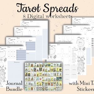 Tiradas de Tarot, 8 hojas de trabajo IMPRIMIBLES para llevar un diario, descarga instantánea, archivos PDF, 13 páginas, mini pegatinas de tarot incluidas, tarot digital