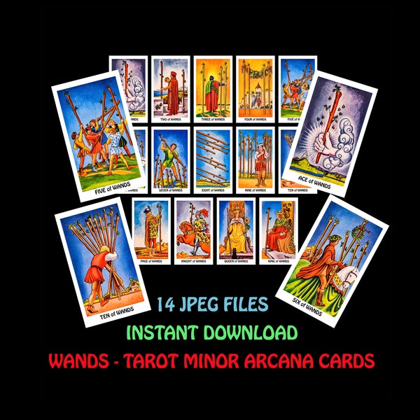 Printable Tarot Cards, Minor Arcana -  Suit of Wands, 14 JPG files, Digital print, Instant Download, Tarot Journaling, Digital Tarot