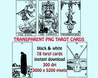 Tarot Cards, PRINTABLE deck, High Resolution PNG, Transparent background, All 78 cards, Instant download, black and white, Digital Tarot