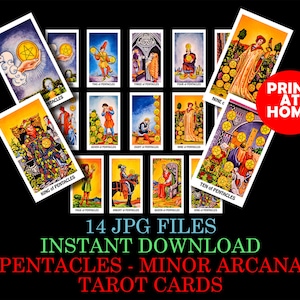 Cartas de Tarô para Imprimir, Arcanos Menores - Naipe de Ouros, 14 arquivos JPG, Impressão digital, Download instantâneo, Diário de Tarô, Tarô Digital
