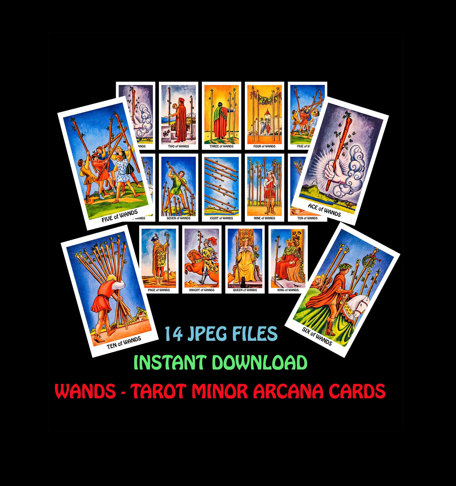 Printable Tarot Cards Minor Arcana Suit of Wands 14 JPG Etsy