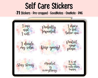 Self Care Stickers: Motivational PNG Stickers for GoodNotes, OneNote (71 pc) (Digital Download)