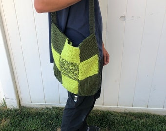 green patchwork crochet tote bag