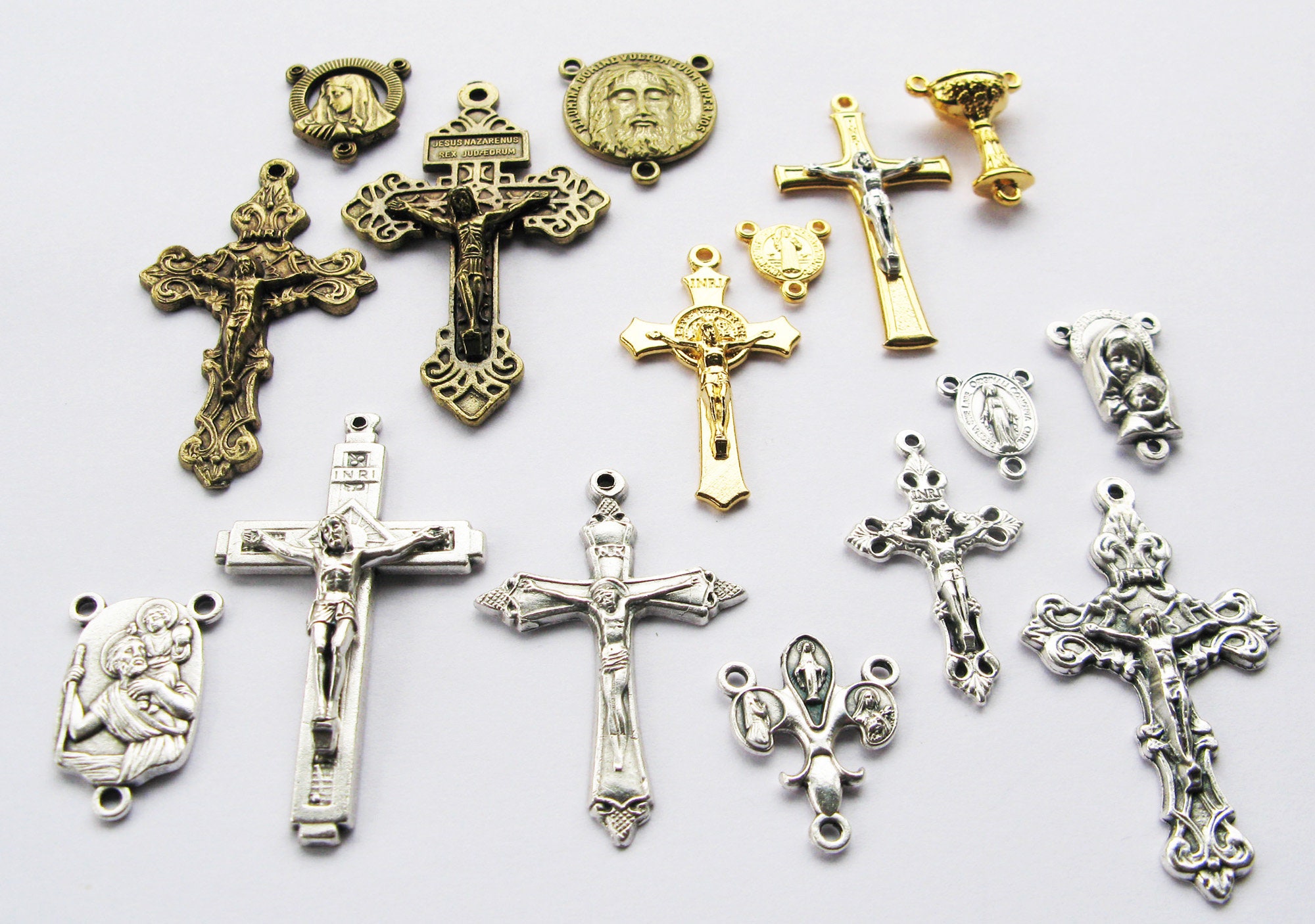 Crucifixes and Medals for Rosary Making 16pce Selection 