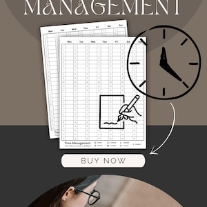 May include: An image promoting a time management template. The text reads "SIMPLE TIME MANAGEMENT" above a weekly planner. A clock graphic and a "BUY NOW" button are also featured.