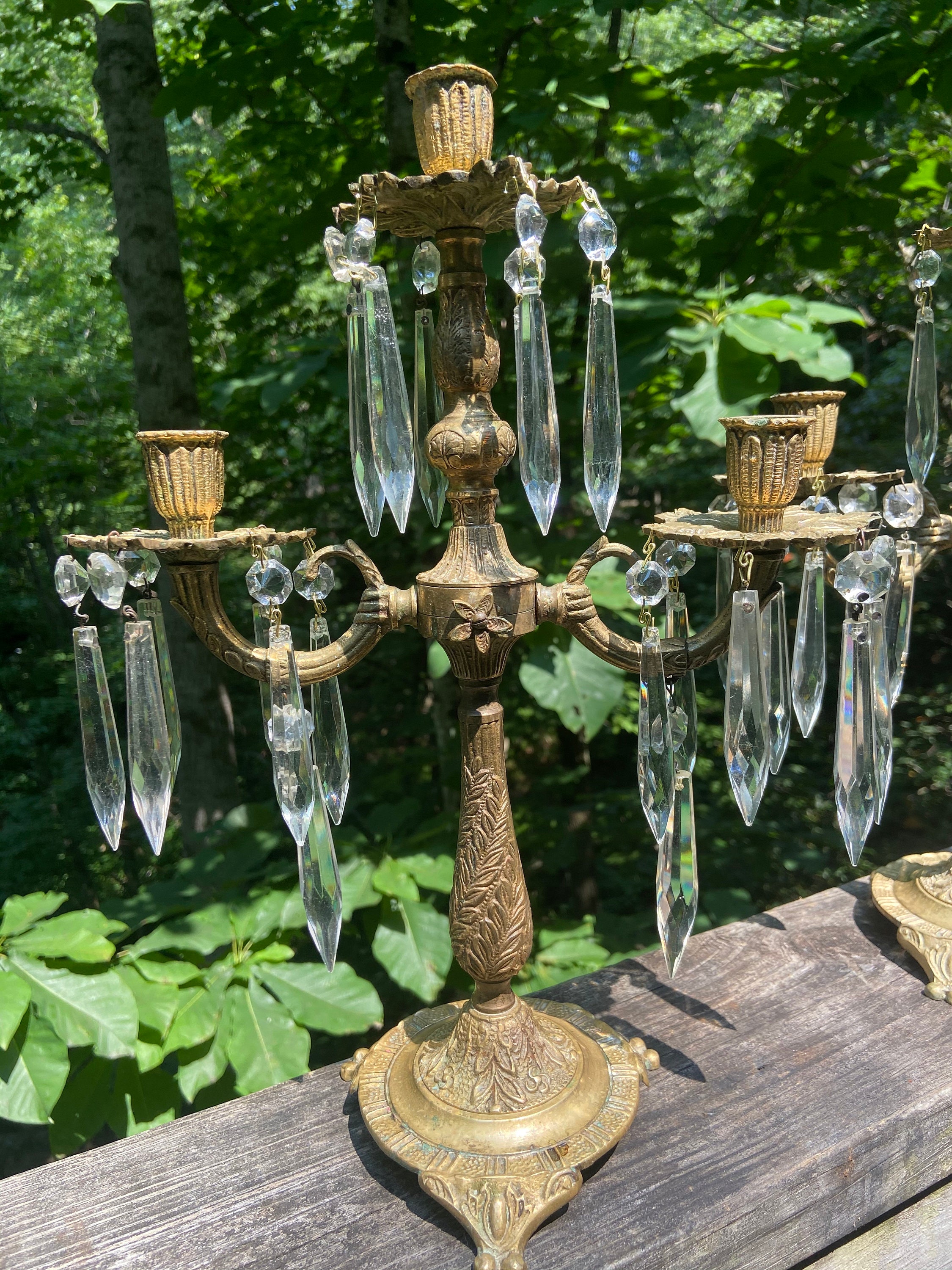 Brass and Crystal Prism Candelabra 3 arm candlestick Etsy