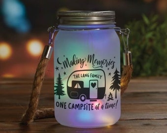 Making Memories On Campsite Personalized Solar Mason Jar with Colored Lights, Solar Garden Lights, Fairy Garden Decor,Custom Solar Mason Jar