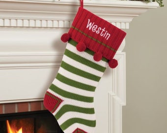 Green Striped Personalized Knit Stocking, Personalized Christmas Stocking, Cotton Stripe Christmas Stockings