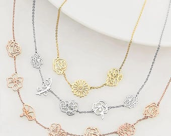Birth Month Flower Necklace, Silver/Gold/Rose Gold Plated, Personalized Gift
