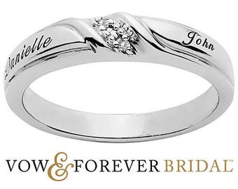 Vow & Forever© Women White Topaz Engraved Wedding Band in Platinum over Sterling, 14K Gold over Sterling, 14K Rose Gold over Sterling Silver