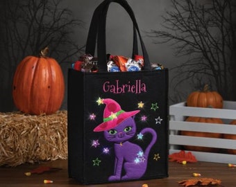 Personalized LED Halloween Bag with Cat, embroidered trick-or-treat bag, Hallowen Candy bag, Light Up Trick or Treat bag