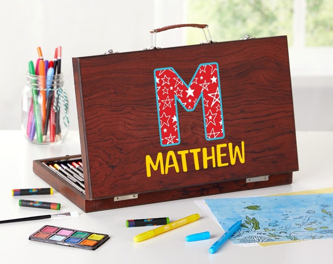 Kids Art Kit, Personalized Art Kit with Name and Initial for Kids, Wood Art Accessory Sets, Art Drawing Sets for Boys and Girls