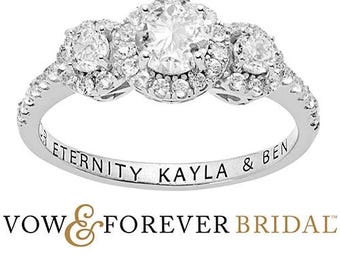 Vow & Forever ©Halo 3 Stone White Topaz Engraved Engagement Ring in Platinum on Sterling, 14K Gold on Sterling, 14K Rose Gold on Sterling
