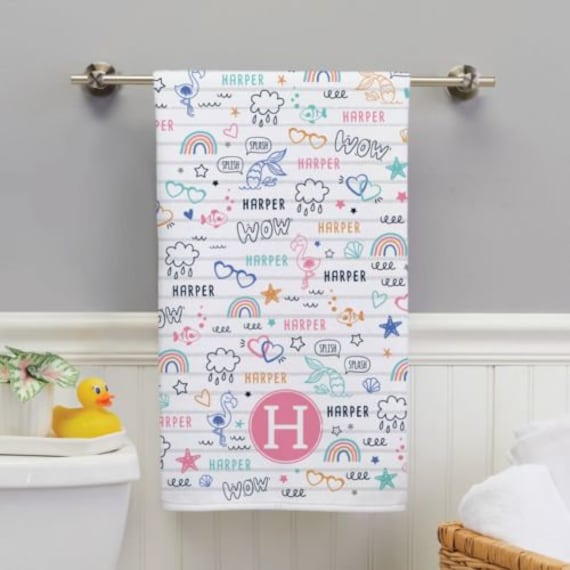 Girl's Personalized Fun Icons Bath Towel, Personalized Towels, Hand Towels,  Washcloths, Customized Bath Towel, Bathroom Decor 