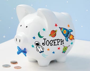 Boys Piggy Bank Outer Space Themed, Personalized Boys Piggy Bank, New Baby Boy Piggy Bank