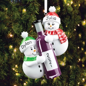 Snow Couple With Bottle Of Wine Personalized Ornament, Wine Holiday Gift Ornament, Couple Ornaments, Personalized