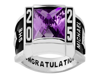 Personalized Art Deco Style Graduation Ring, Birthstone Celebrium Class Ring