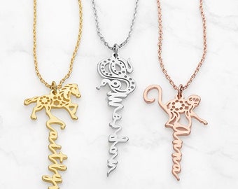 Personalized Vertical Script Name with Chinese Zodiac Sign Necklace in Silver, Gold, Rose Gold, Sterling, Gold or Rose Gold over Sterling