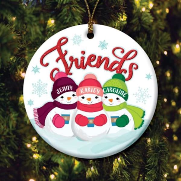 Three Friends Personalized Snowman Ceramic Ornament, Friendship Ornaments, BFF Ornament, Ornaments for Friends