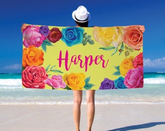 Floral Beach Towel for Her Personalized Towel Gift with Colorful Flowers for Summer Gift Idea
